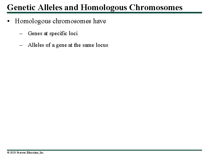 Genetic Alleles and Homologous Chromosomes • Homologous chromosomes have – Genes at specific loci