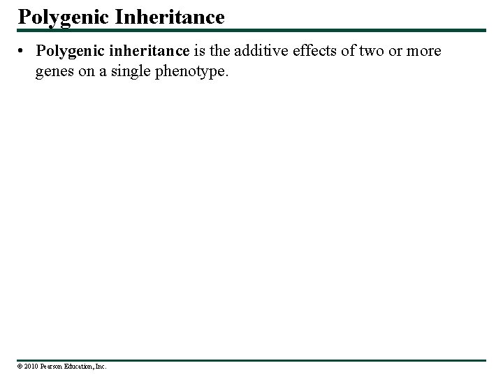 Polygenic Inheritance • Polygenic inheritance is the additive effects of two or more genes