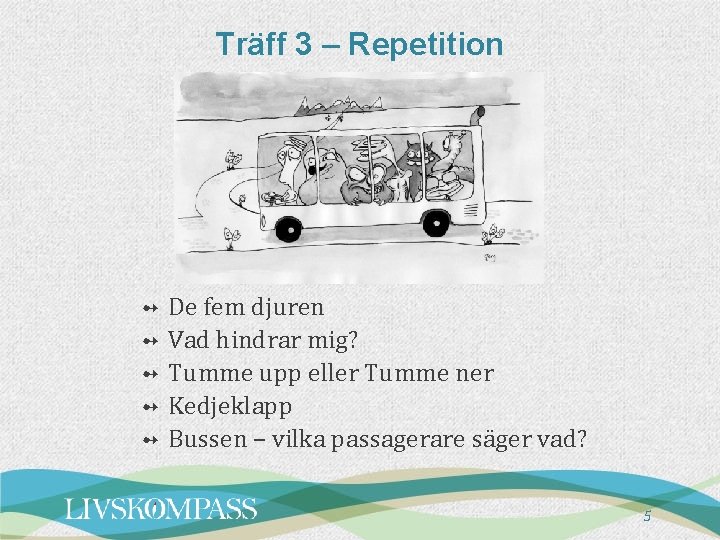 Träff 3 – Repetition ➻ ➻ ➻ De fem djuren Vad hindrar mig? Tumme