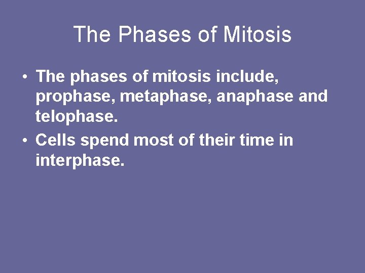 The Phases of Mitosis • The phases of mitosis include, prophase, metaphase, anaphase and