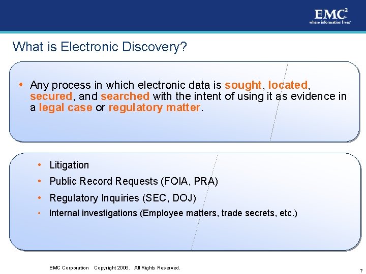 What is Electronic Discovery? Any process in which electronic data is sought, located, secured,