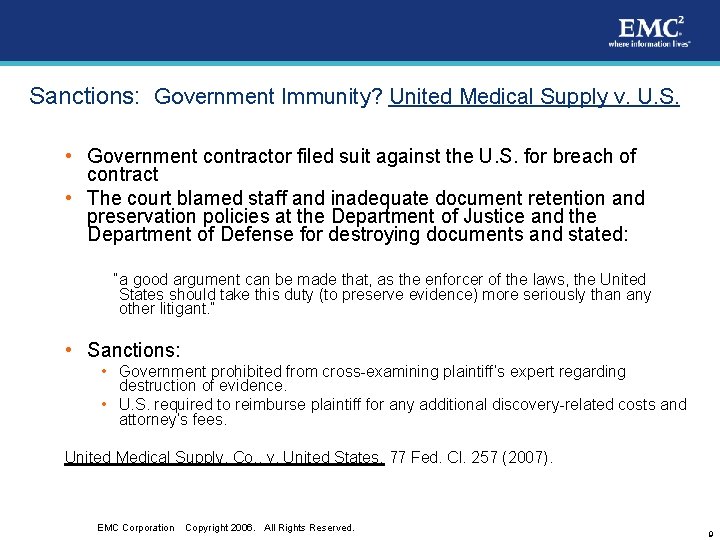 Sanctions: Government Immunity? United Medical Supply v. U. S. • Government contractor filed suit