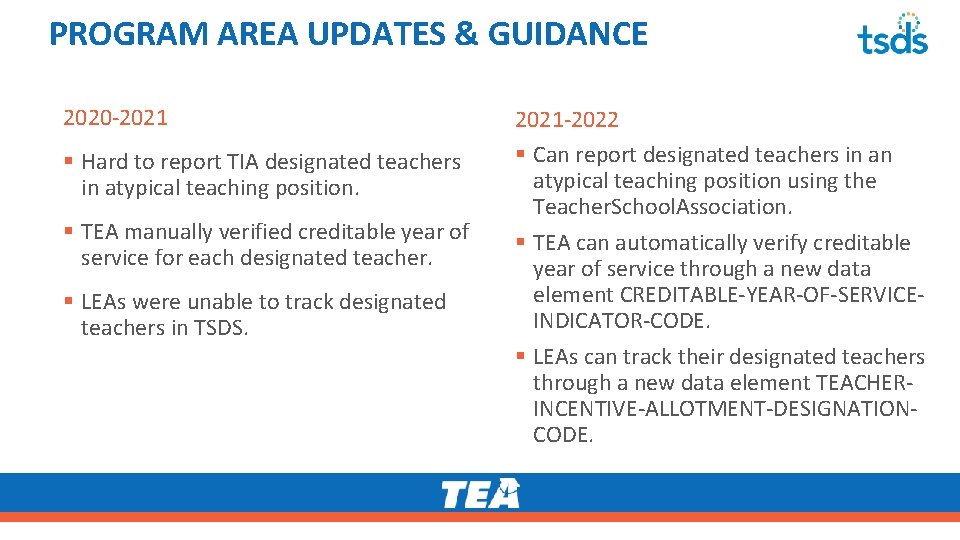 PROGRAM AREA UPDATES & GUIDANCE 2020 -2021 § Hard to report TIA designated teachers