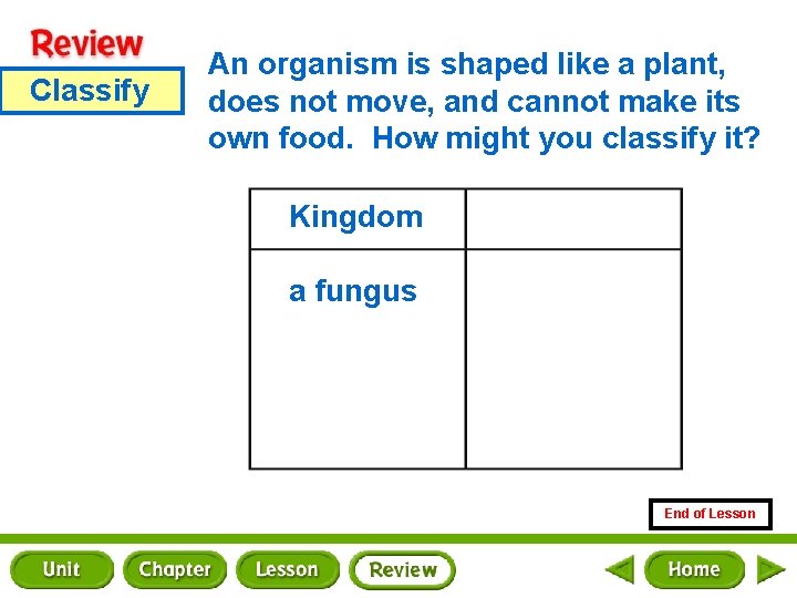Classify An organism is shaped like a plant, does not move, and cannot make