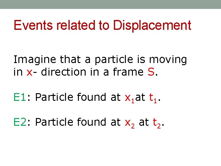 Events related to Displacement Imagine that a particle is moving in x- direction in