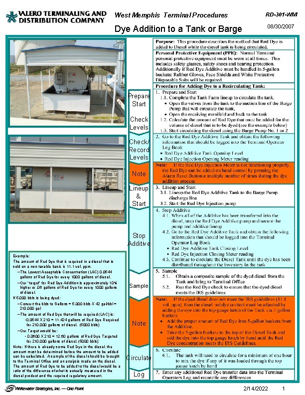 West Memphis Terminal Procedures RD-301 -WM Dye Addition to a Tank or Barge 08/30/2007