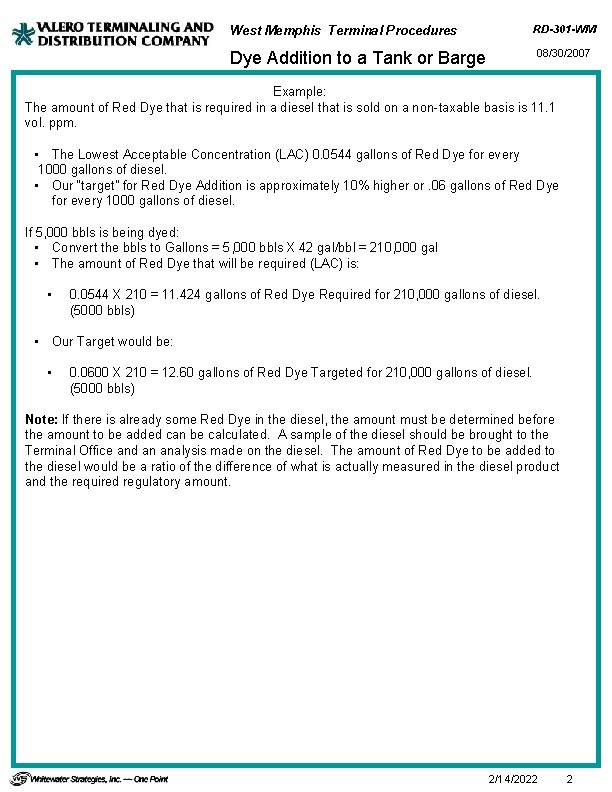 West Memphis Terminal Procedures RD-301 -WM Dye Addition to a Tank or Barge 08/30/2007