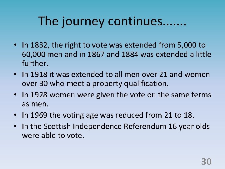 The journey continues. . . . • In 1832, the right to vote was