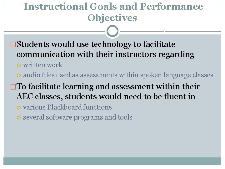 Instructional Goals and Performance Objectives �Students would use technology to facilitate communication with their