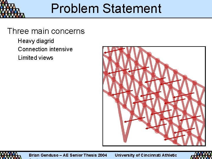 Problem Statement Three main concerns Heavy diagrid Connection intensive Limited views Brian Genduso –