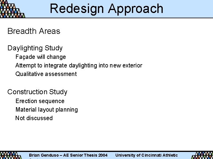Redesign Approach Breadth Areas Daylighting Study Façade will change Attempt to integrate daylighting into