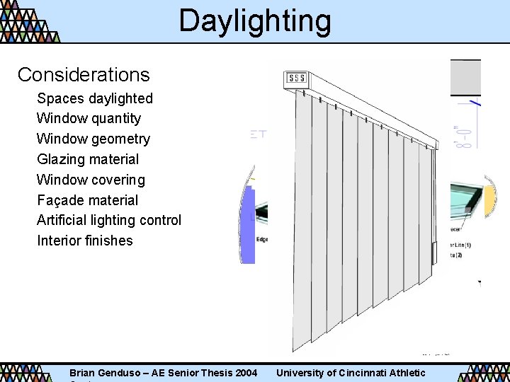 Daylighting Considerations Spaces daylighted Window quantity Window geometry Glazing material Window covering Façade material