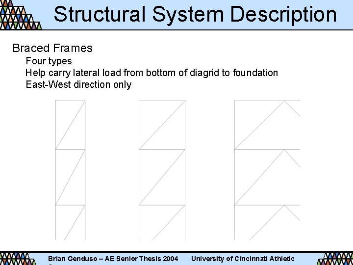 Structural System Description Braced Frames Four types Help carry lateral load from bottom of