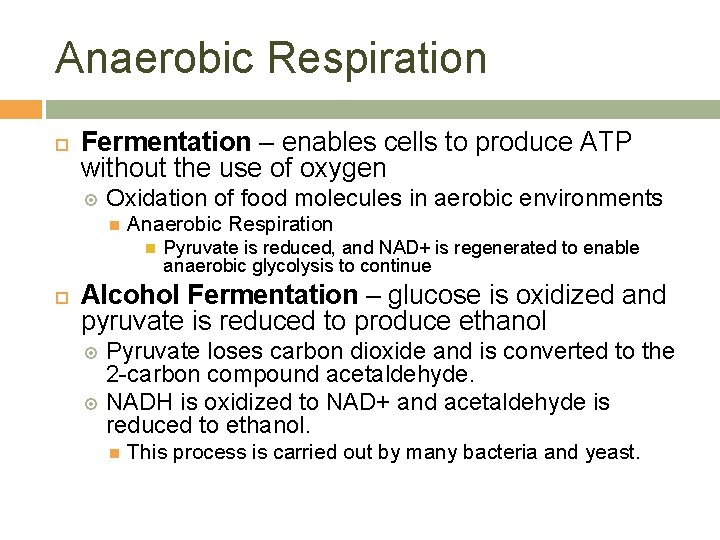 Anaerobic Respiration Fermentation – enables cells to produce ATP without the use of oxygen