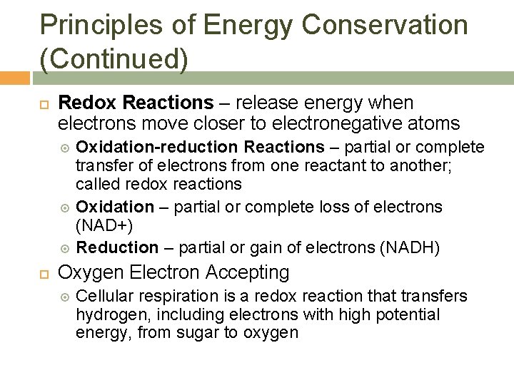 Principles of Energy Conservation (Continued) Redox Reactions – release energy when electrons move closer