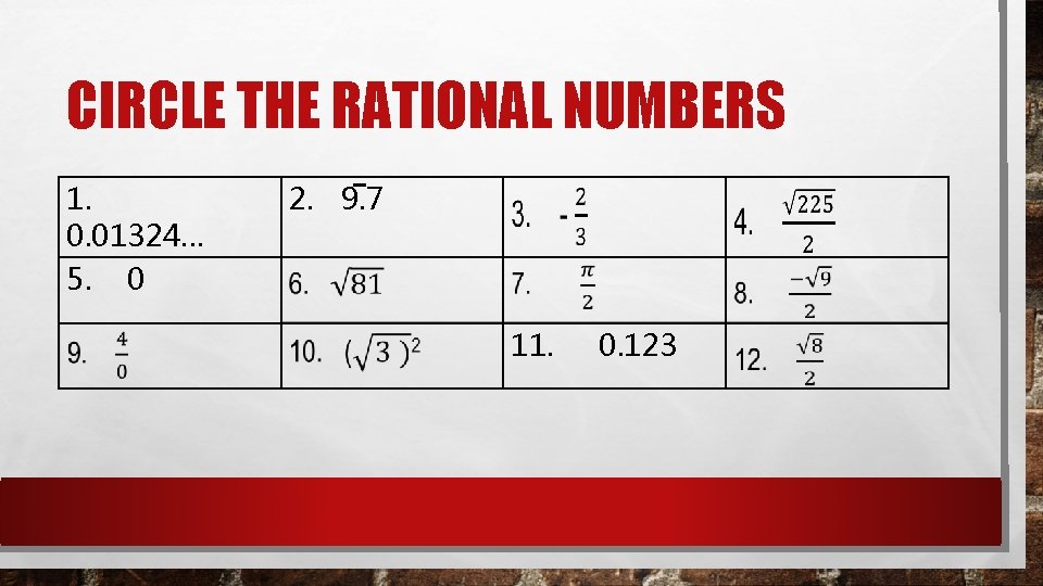 CIRCLE THE RATIONAL NUMBERS 1. 0. 01324… 5. 0 2. 9. 7 11. 0.