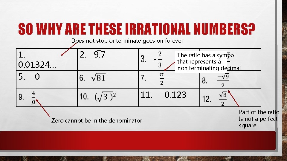 SO WHY ARE THESE IRRATIONAL NUMBERS? Does not stop or terminate goes on forever