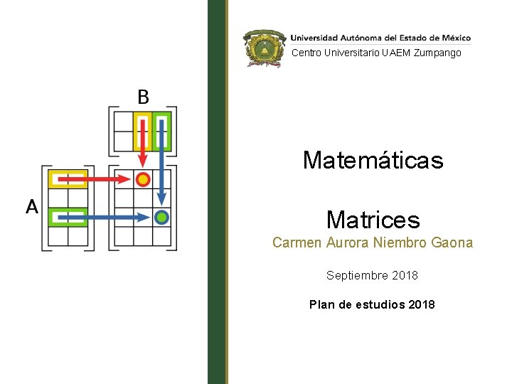 Centro Universitario UAEM Zumpango Matemáticas Matrices Carmen Aurora Niembro Gaona Septiembre 2018 Plan de