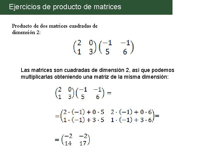 Ejercicios de producto de matrices Producto de dos matrices cuadradas de dimensión 2: Las