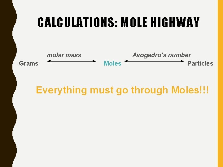 CALCULATIONS: MOLE HIGHWAY molar mass Grams Moles Avogadro’s number Particles Everything must go through