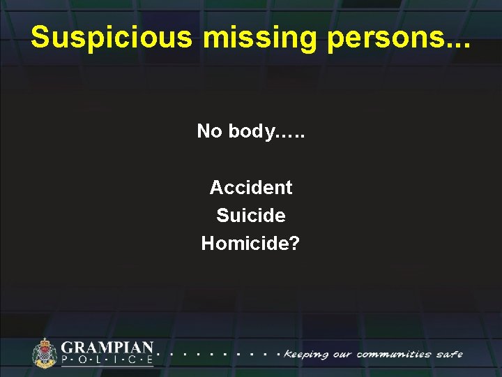 Suspicious missing persons. . . No body…. . Accident Suicide Homicide? 