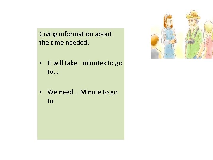 Giving information about the time needed: • It will take. . minutes to go