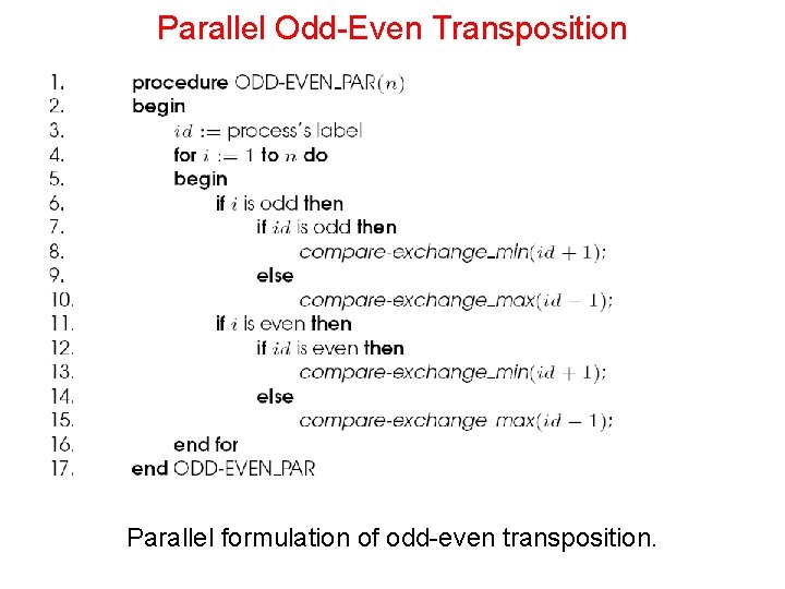 Parallel Odd-Even Transposition Parallel formulation of odd-even transposition. 