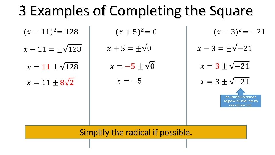 3 Examples of Completing the Square No solution because a negative number has no