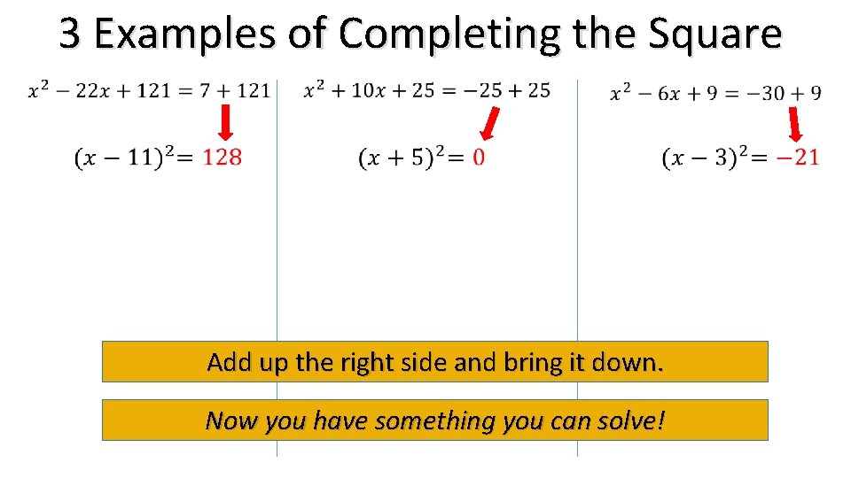 3 Examples of Completing the Square Add up the right side and bring it