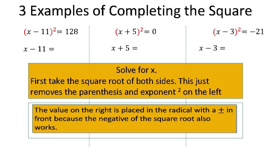 3 Examples of Completing the Square Solve for x. First take the square root