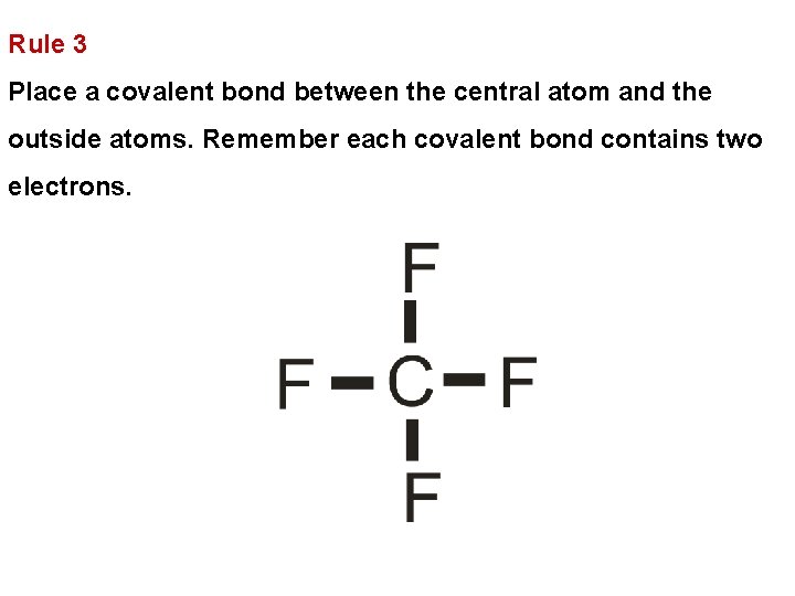Rule 3 Place a covalent bond between the central atom and the outside atoms.