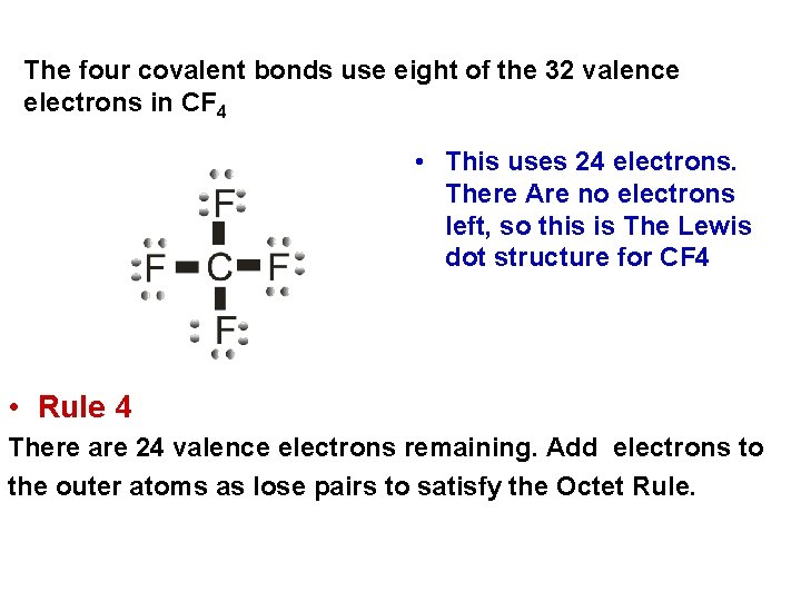 The four covalent bonds use eight of the 32 valence electrons in CF 4