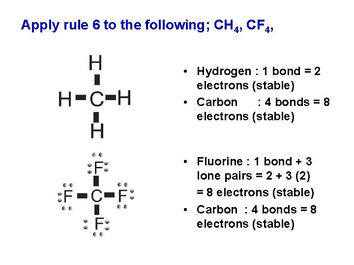 Apply rule 6 to the following; CH 4, CF 4, • Hydrogen : 1
