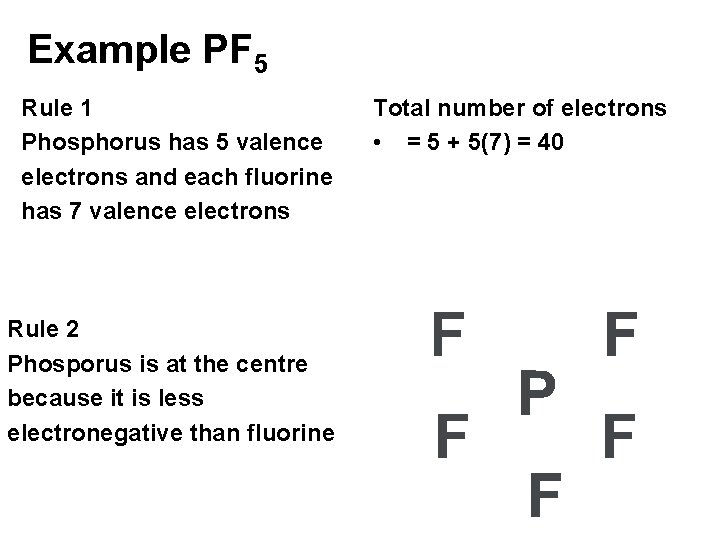 Example PF 5 Rule 1 Phosphorus has 5 valence electrons and each fluorine has