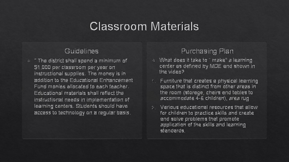 Classroom Materials Purchasing Plan Guidelines “ The district shall spend a minimum of $1,