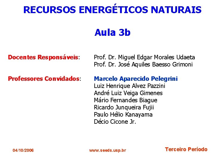 RECURSOS ENERGÉTICOS NATURAIS Aula 3 b Docentes Responsáveis: Prof. Dr. Miguel Edgar Morales Udaeta