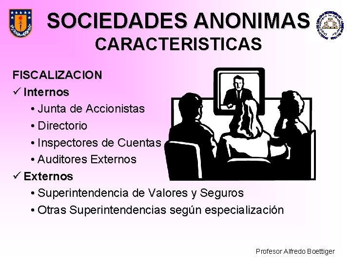 SOCIEDADES ANONIMAS CARACTERISTICAS FISCALIZACION ü Internos • Junta de Accionistas • Directorio • Inspectores