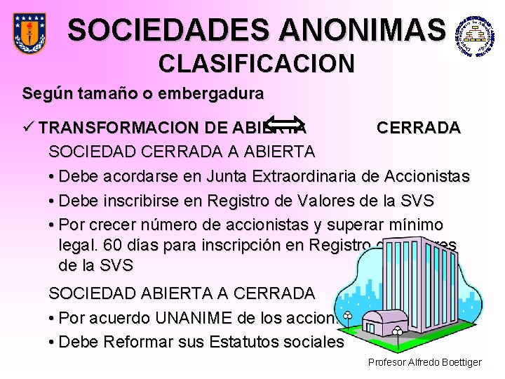 SOCIEDADES ANONIMAS CLASIFICACION Según tamaño o embergadura ü TRANSFORMACION DE ABIERTA CERRADA SOCIEDAD CERRADA