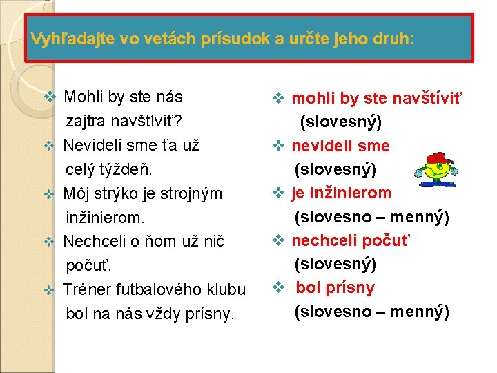 Vyhľadajte vo vetách prísudok a určte jeho druh: v Mohli by ste nás v