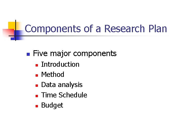 Components of a Research Plan n Five major components n n n Introduction Method