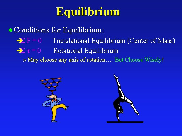 Equilibrium l Conditions è F = 0 for Equilibrium: Translational Equilibrium (Center of Mass)