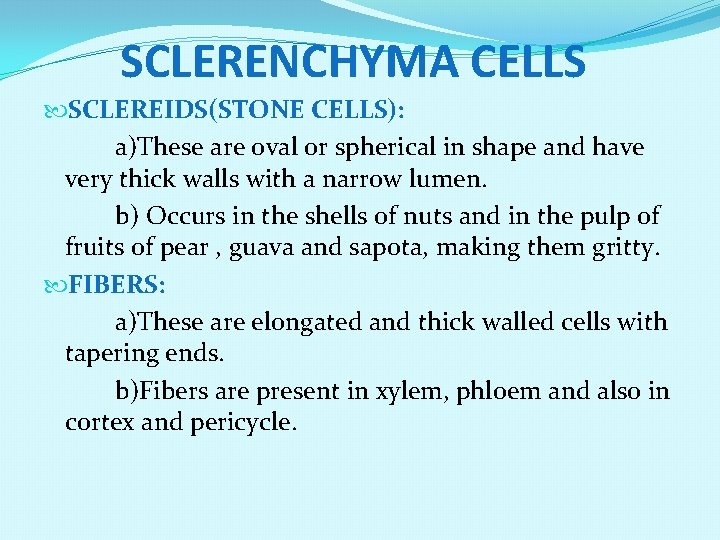 SCLERENCHYMA CELLS SCLEREIDS(STONE CELLS): a)These are oval or spherical in shape and have very