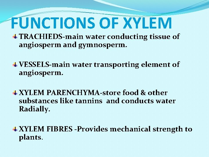 FUNCTIONS OF XYLEM TRACHIEDS-main water conducting tissue of angiosperm and gymnosperm. VESSELS-main water transporting