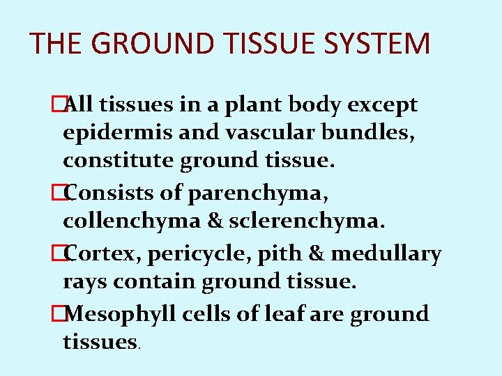 THE GROUND TISSUE SYSTEM �All tissues in a plant body except epidermis and vascular