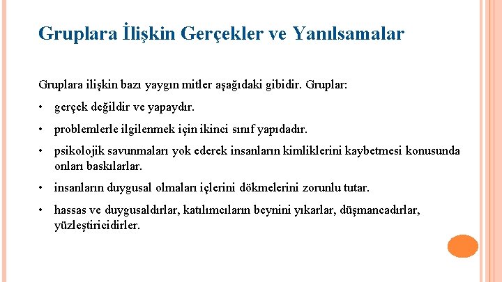 Gruplara İlişkin Gerçekler ve Yanılsamalar Gruplara ilişkin bazı yaygın mitler aşağıdaki gibidir. Gruplar: •