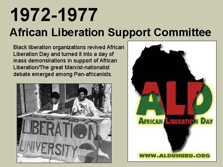1972 -1977 African Liberation Support Committee Black liberation organizations revived African Liberation Day and
