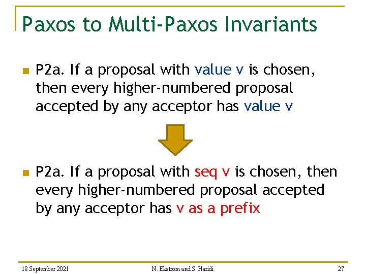 Paxos to Multi-Paxos Invariants n n P 2 a. If a proposal with value