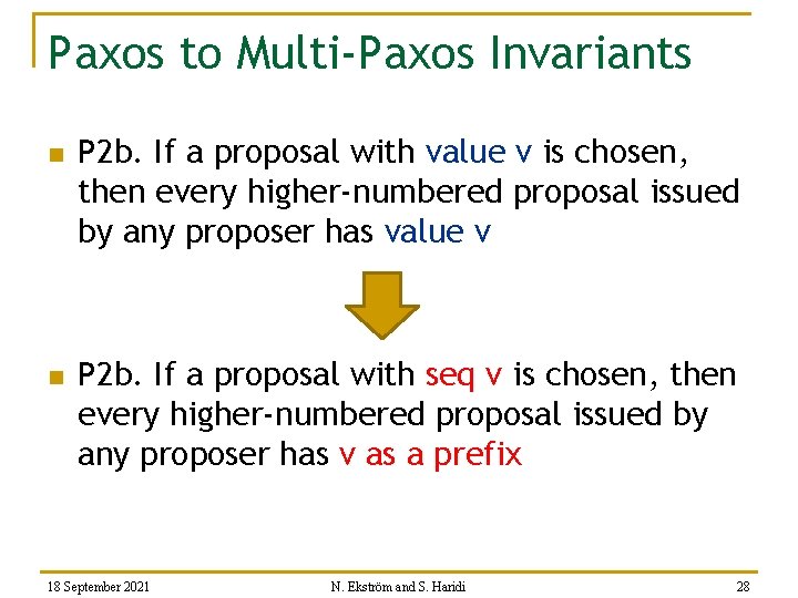 Paxos to Multi-Paxos Invariants n n P 2 b. If a proposal with value