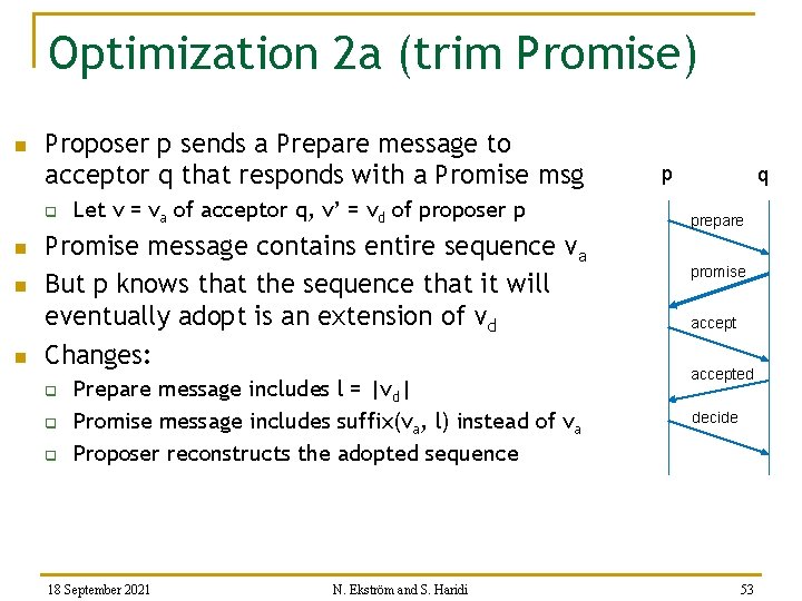 Optimization 2 a (trim Promise) n Proposer p sends a Prepare message to acceptor