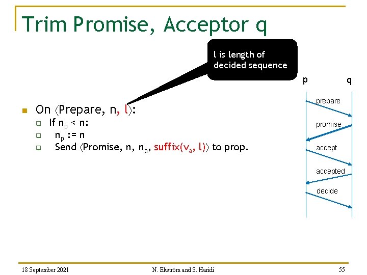 Trim Promise, Acceptor q l is length of decided sequence p n prepare On